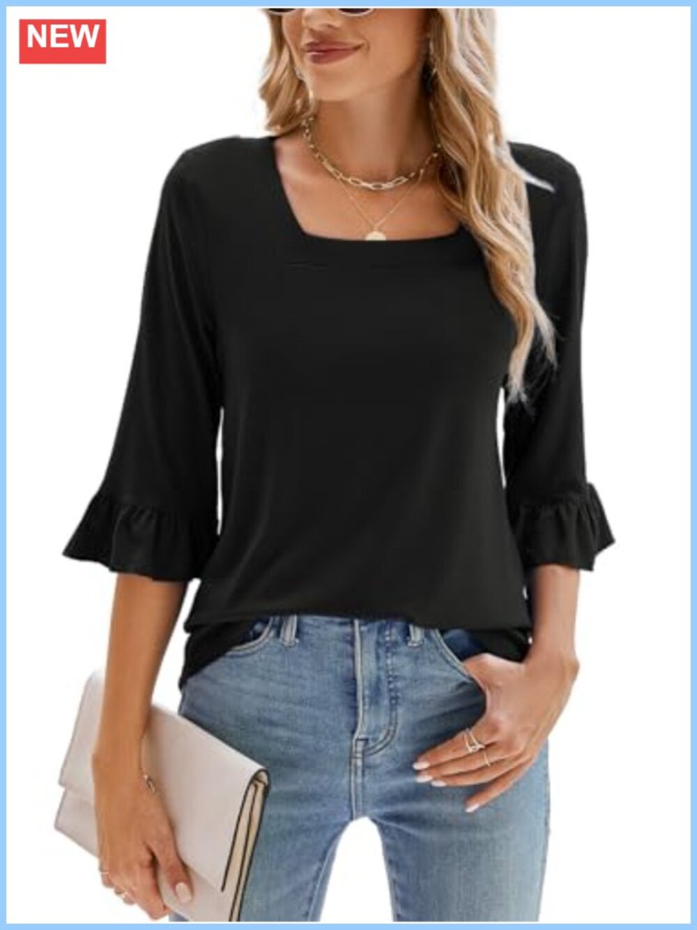 Women's 3/4 Sleeve Square Neck Ruffle Tunic Blouse Loose Fit Casual Top